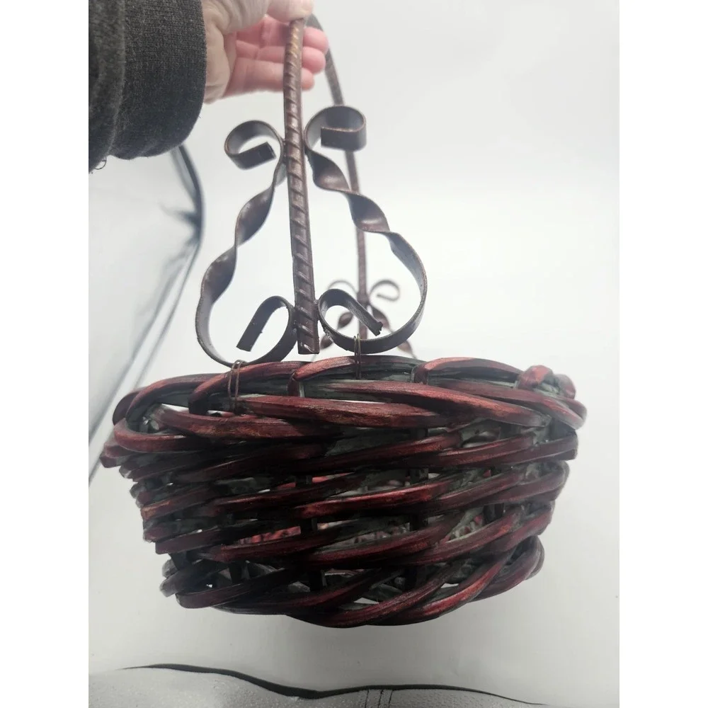 Vintage Red‎ Wicker Basket With Decorative Metal Handle